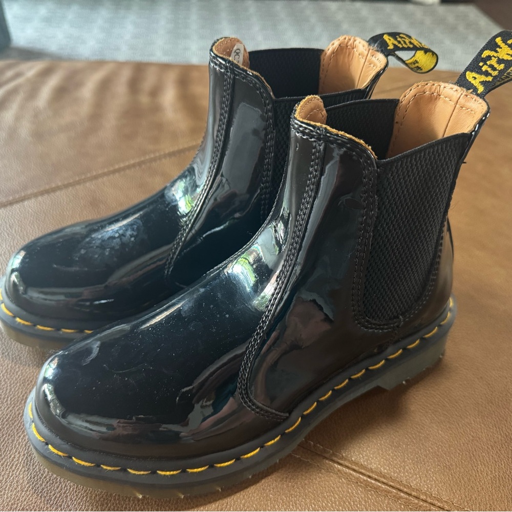 Dr. Martens Black Patent Chelsea Boots with Yellow Stitching